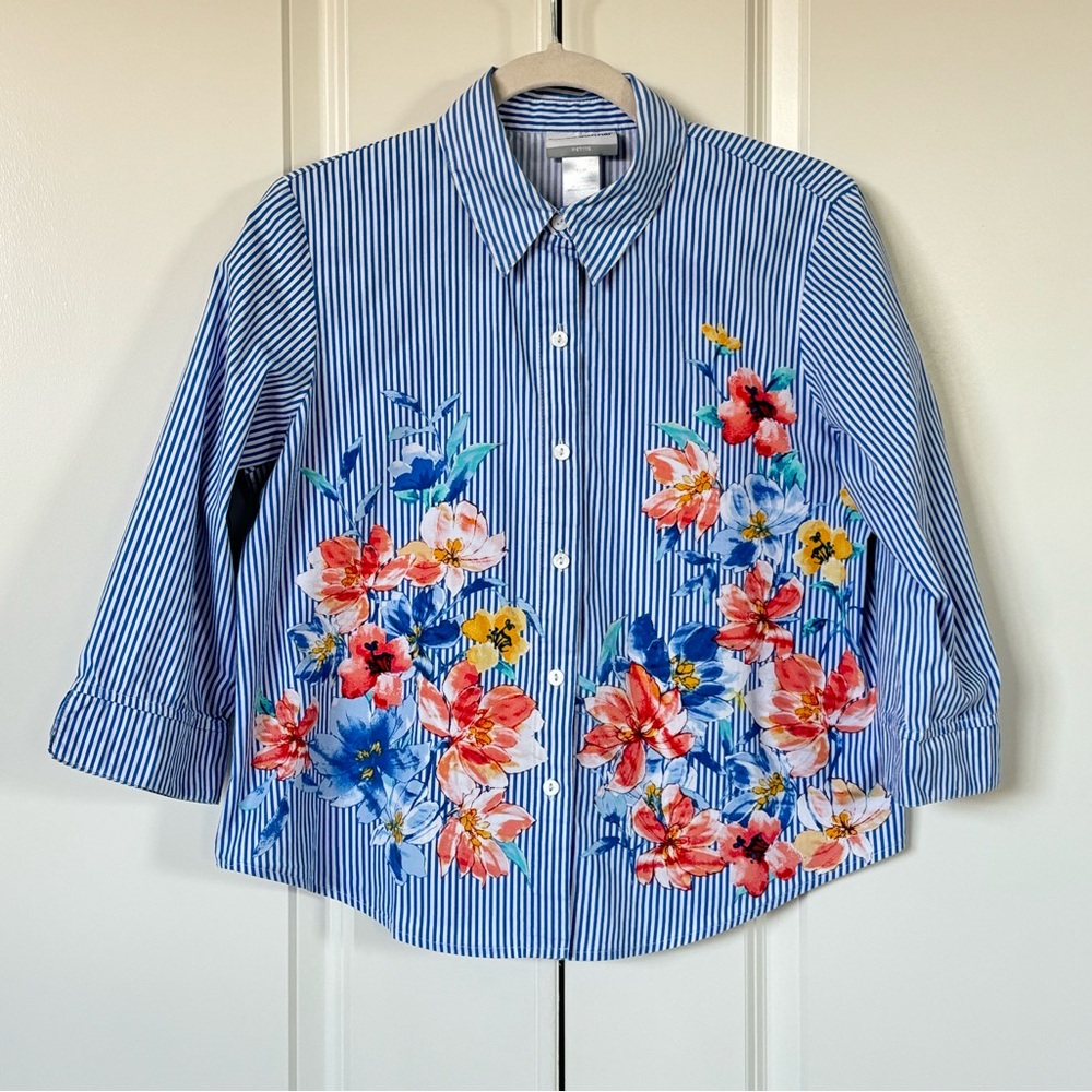 Alfred Dunner White Blue Petite Striped Floral 3/4 Sleeve Button Top Plus 10P